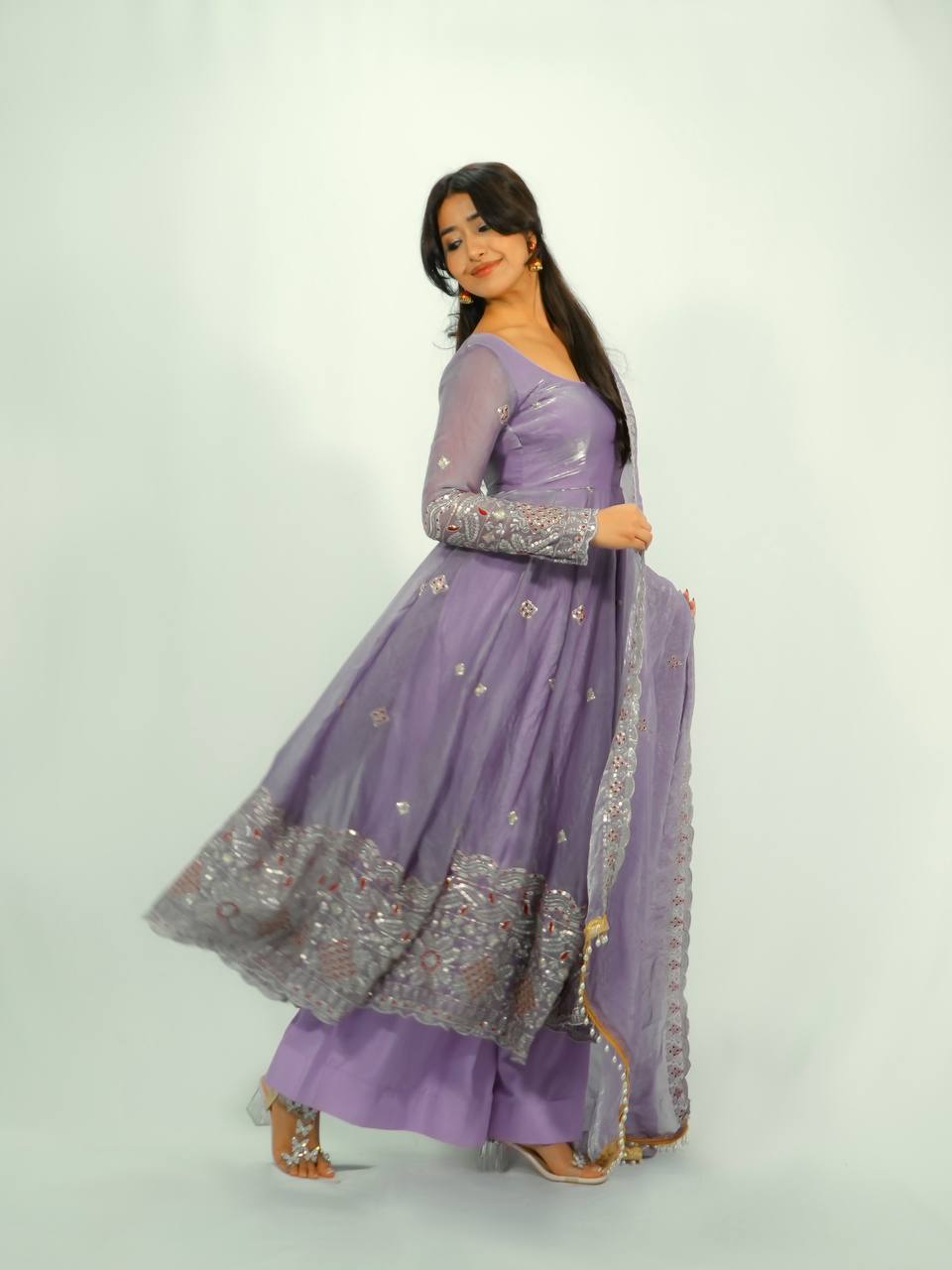 RangBhoomi Designer Party Wear Two-Tone Fandy Silk Embroidered Gown with Dupatta & Plazo