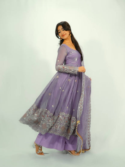 RangBhoomi Designer Party Wear Two-Tone Fandy Silk Embroidered Gown with Dupatta & Plazo