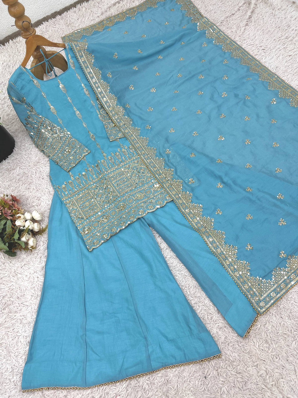 RangBhoomi Heavy Vichitra Silk Embroidered Top, Sharara & Dupatta Set