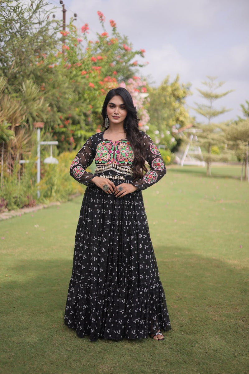 RangBhoomi Bandhani & Kutchi Patchwork Faux Georgette Gown — Full Sleeve, 12m Flair, Cotton Lining