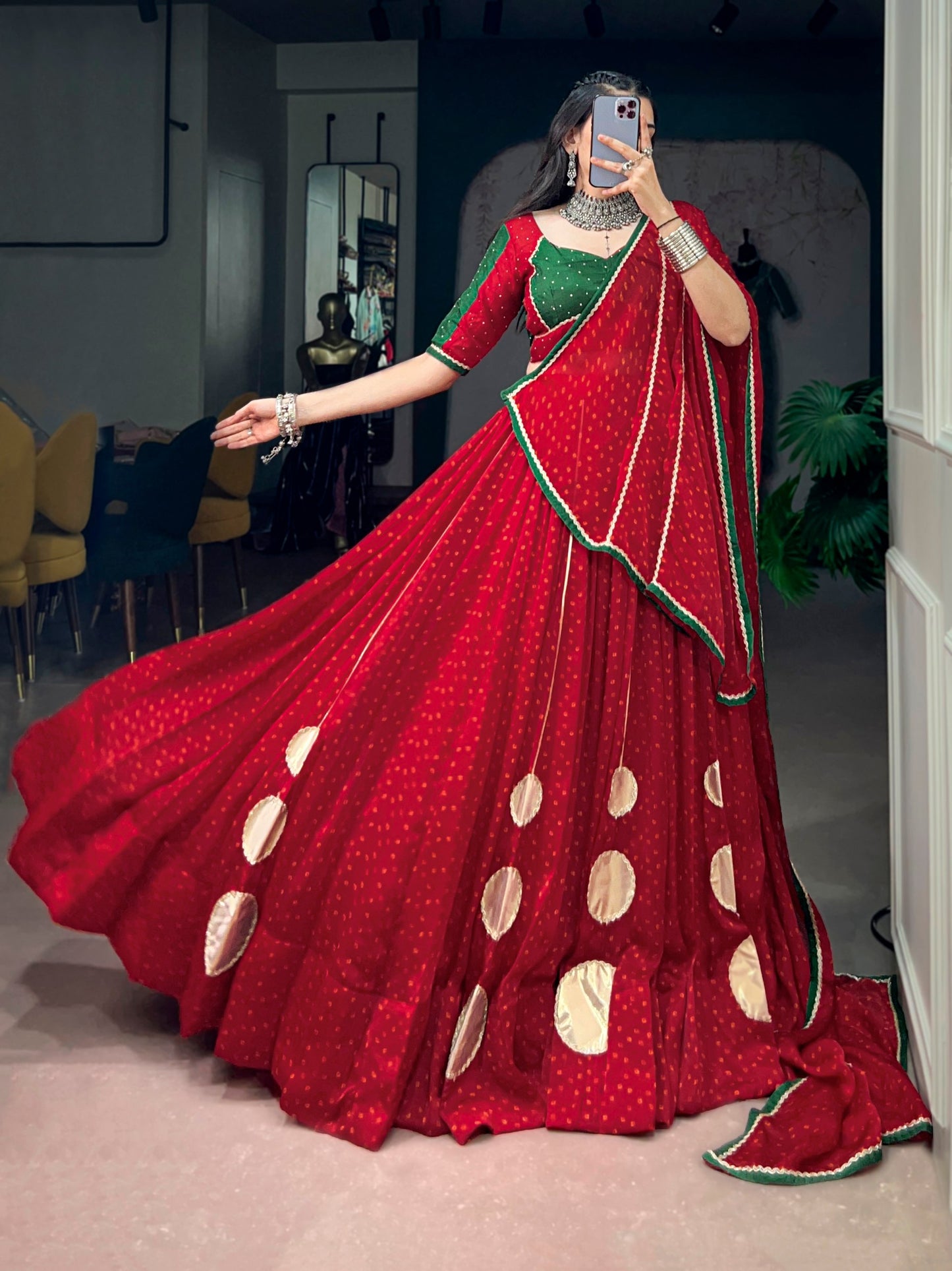 RangBhoomi Red Bandhej Satin Chiffon Lehenga Set — Navratri 2026