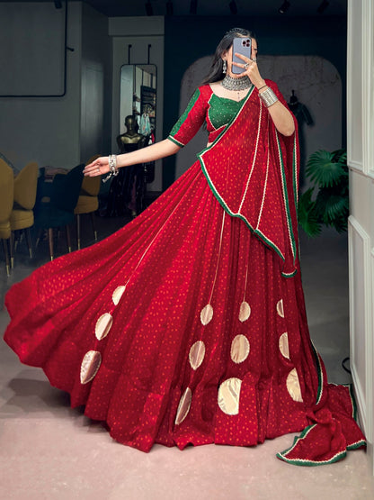 RangBhoomi Red Bandhej Satin Chiffon Lehenga Set — Navratri 2026