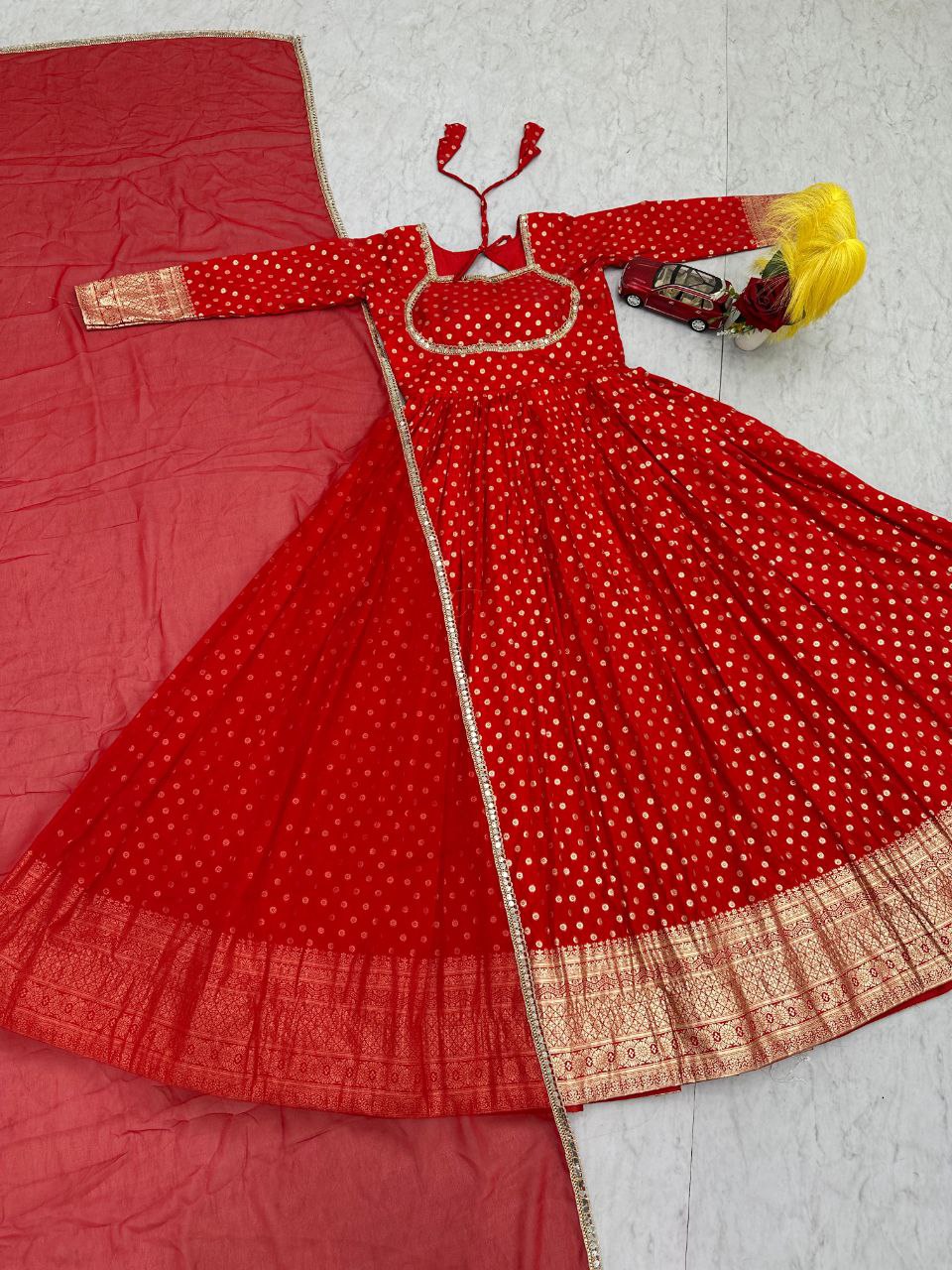 Elegant New Jacquard Gown with Fox Georgette Dupatta – Fully Stitched, Comfortable Fit