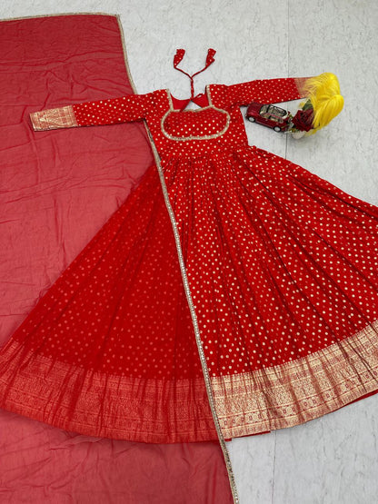 Elegant New Jacquard Gown with Fox Georgette Dupatta – Fully Stitched, Comfortable Fit