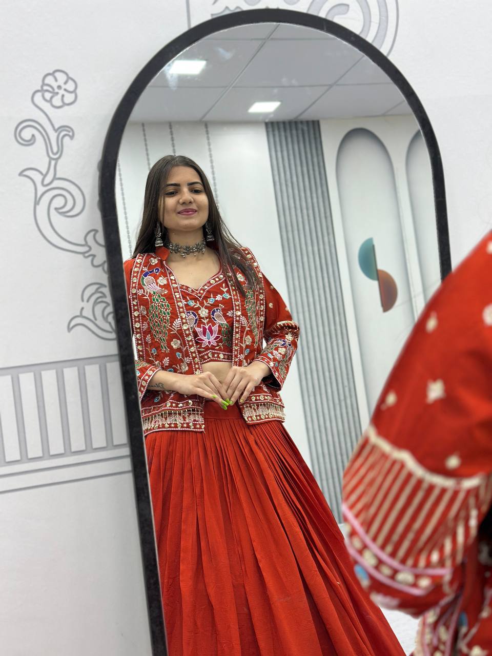 Festival Special Vichitra Silk Crop Top Lehenga Jacket Set with Heavy Thread and Sequin Embroidery by RangBhoomi