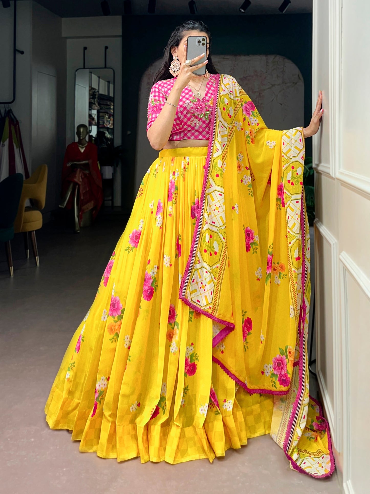 Elegant Floral Georgette Lehenga Set with Handcrafted Blouse and Lace-Trimmed Dupatta