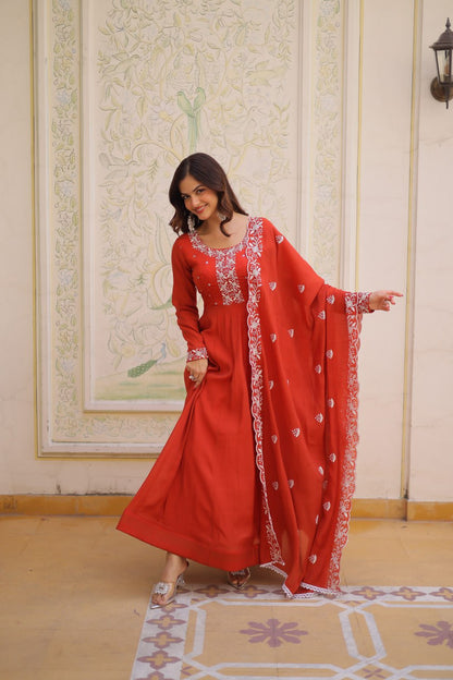 Elegant Mal Chanderi Gown and Dupatta Set with Bead Embroidery and Designer Cutwork Lace Border