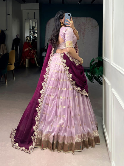 Woven Grace Embroidered Lehenga Set with Royal Paithani Borders and Elegant Pastel Hues