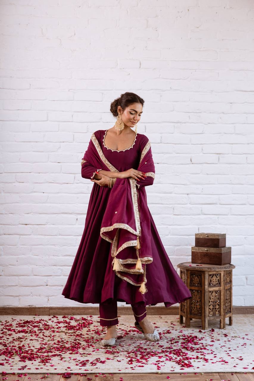 Elegant Anarkali Evening Gown with Beaded Detailing, Full Sleeves, and Vichitra Silk Fabric - Includes Bottom and Dupatta