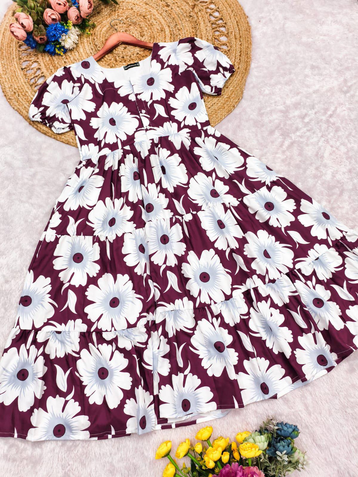 Maroon floral cotton maxi dress with tiered design and button-down front.