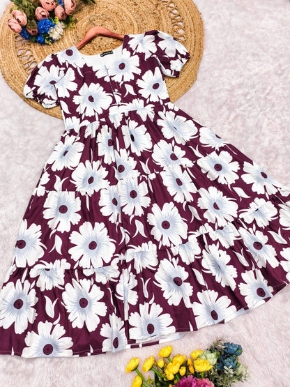Maroon floral cotton maxi dress with tiered design and button-down front.