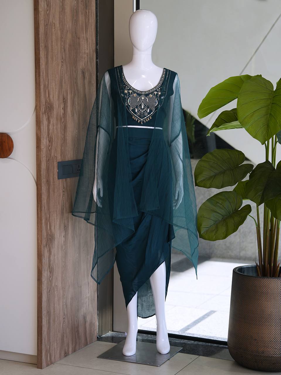 Designer Fusion Style Luxury Collection - Elegant Roman Silk Ensemble with Embroidery, Net Lace Dupatta, and Dripping Skirt