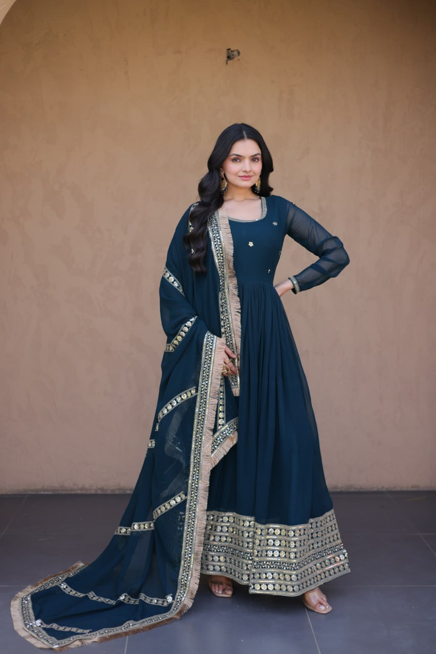 RangBhoomi Festive Faux Blooming Gown with Embroidered Dupatta - Rama & Maroon