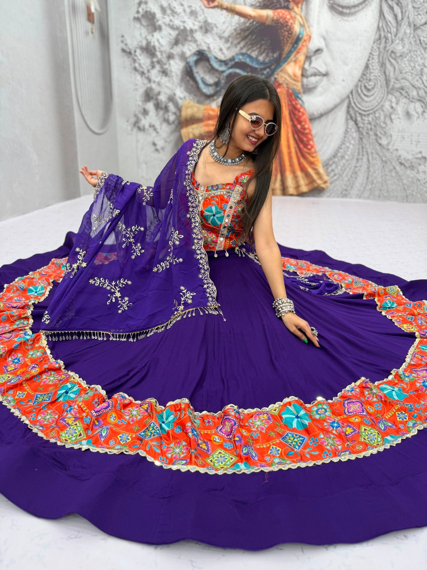 RangBhoomi Navratri Special Pure Cotton Lehenga Choli with 6m Flair & Heavy Embroidered Dupatta