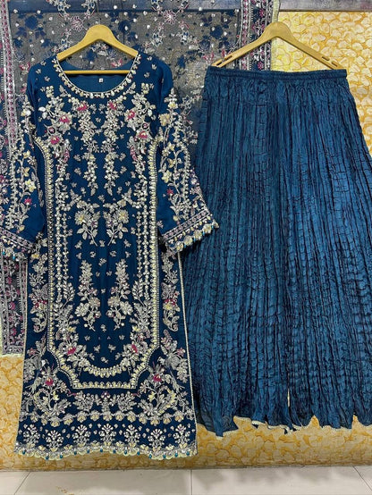 Elegant Ready-to-Wear Designer Set in Faux Georgette with Intricate Heavy Embroidery and Sequins - Fully Stitched Top, Bottom, and Dupatta