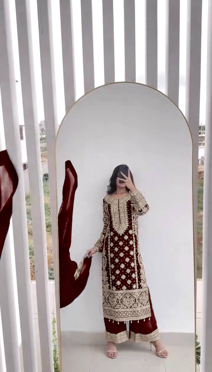 New Collection Faux Georgette Ensemble with Intricate Heavy Embroidery, Sequin Detailing, and Fully Stitched Ready-to-Wear Top, Bottom, and Dupatta Set