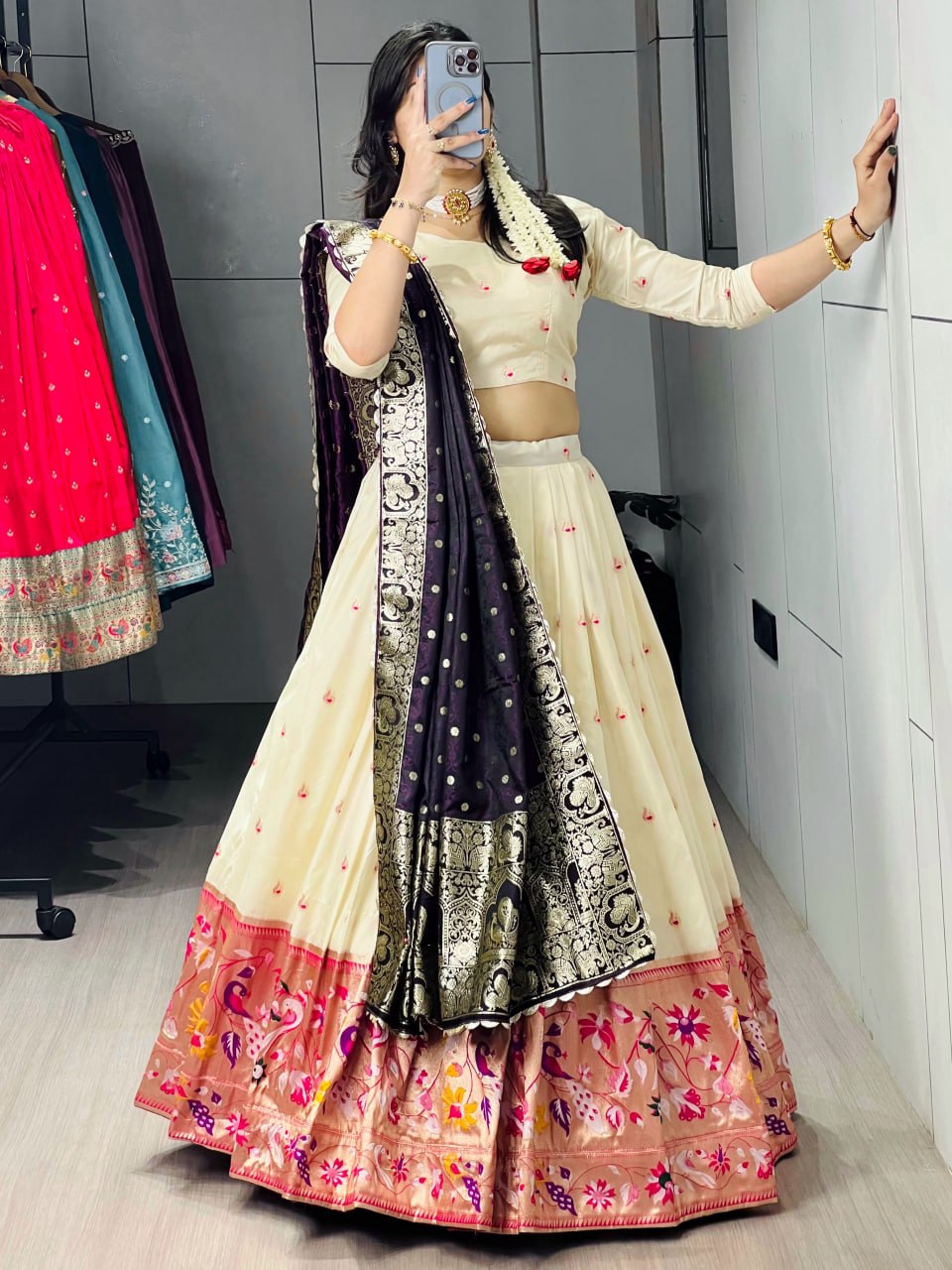 RangBhoomi Paithani Silk Lehenga Choli – Vibrant Traditional Maharashtrian Ethnic Wear with Gold Zari Detailing and Satin Silk Dupatta