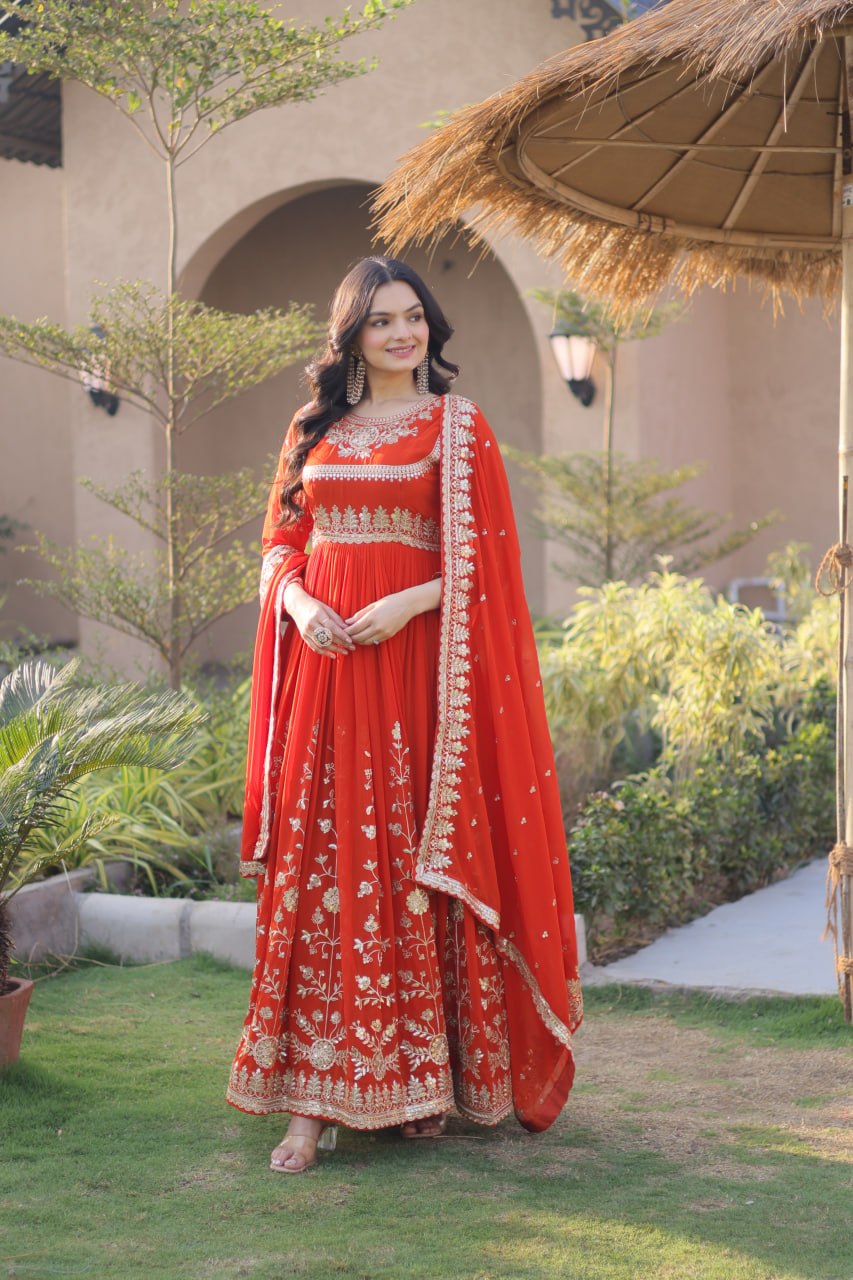 RangBhoomi Readymade Luxury Gown with Embroidered Dupatta - Faux Blooming Georgette