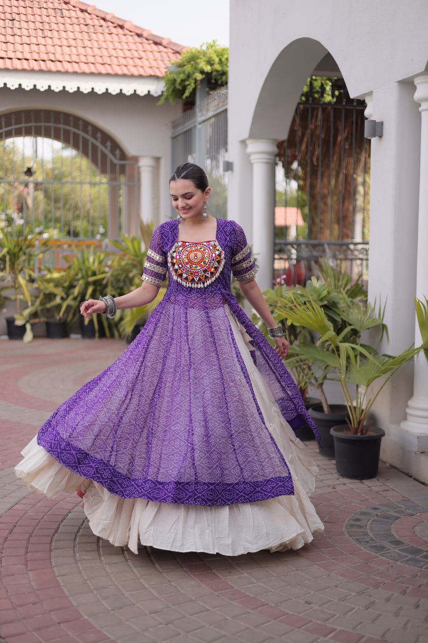 RangBhoomi Navratri 2026 Bandhani Lehenga Set — Full-Stitched Kora Cotton Lehenga with Faux Georgette Kurti