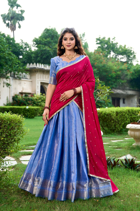 RangBhoomi Exclusive Kanchipuram Silk Lehenga Set with Zari Weaving and Embroidered Vichitra Silk Dupatta