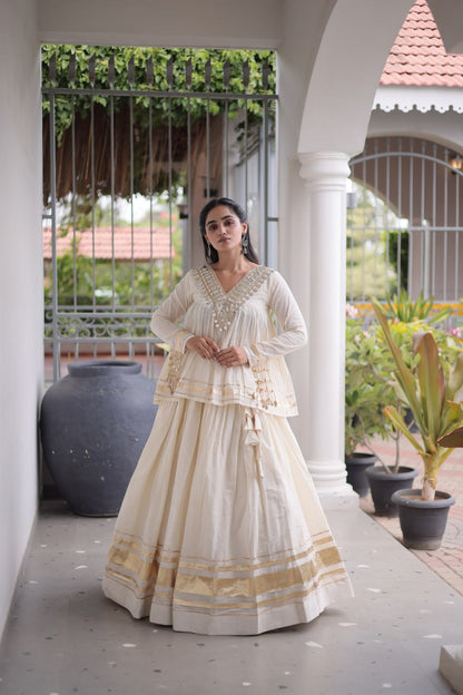 RangBhoomi Navratri Kora Cotton Full-Stitched Lehenga & Blouse Set with Mirror and Gota Work