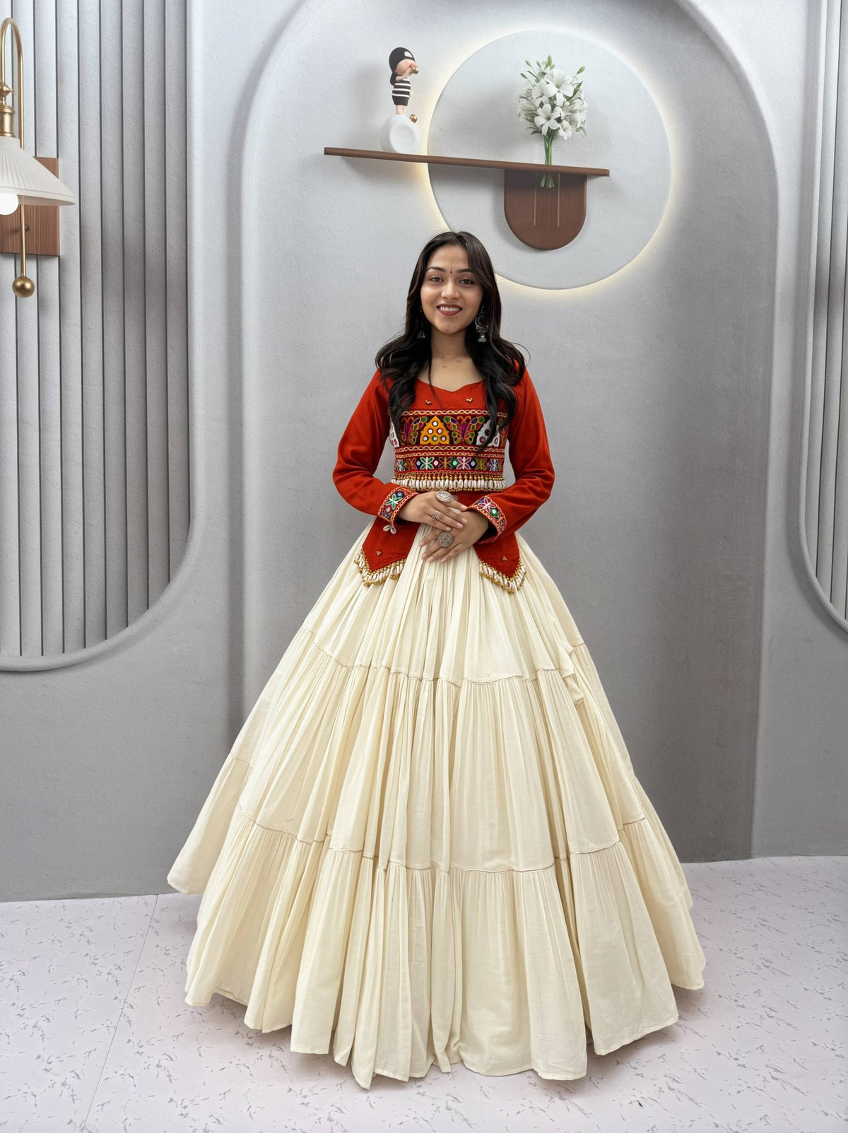 RangBhoomi Navratri Hand-Work 9m Flair Lehenga Choli - Pure Cotton Top & Kora Cotton Skirt
