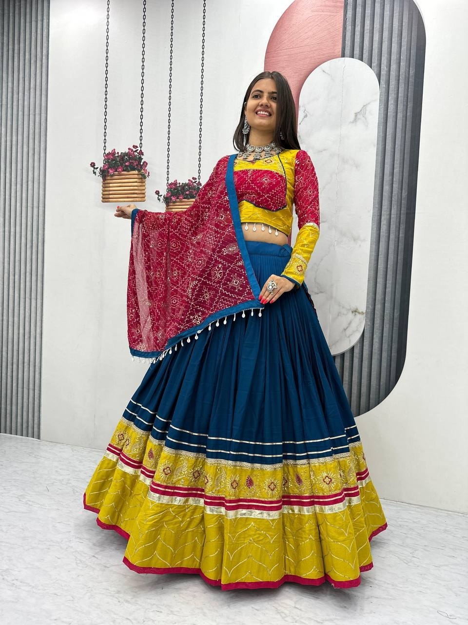 RangBhoomi Navratri Special Pure Cotton Embroidered Lehenga Choli with 6m Flair and Heavy Dupatta