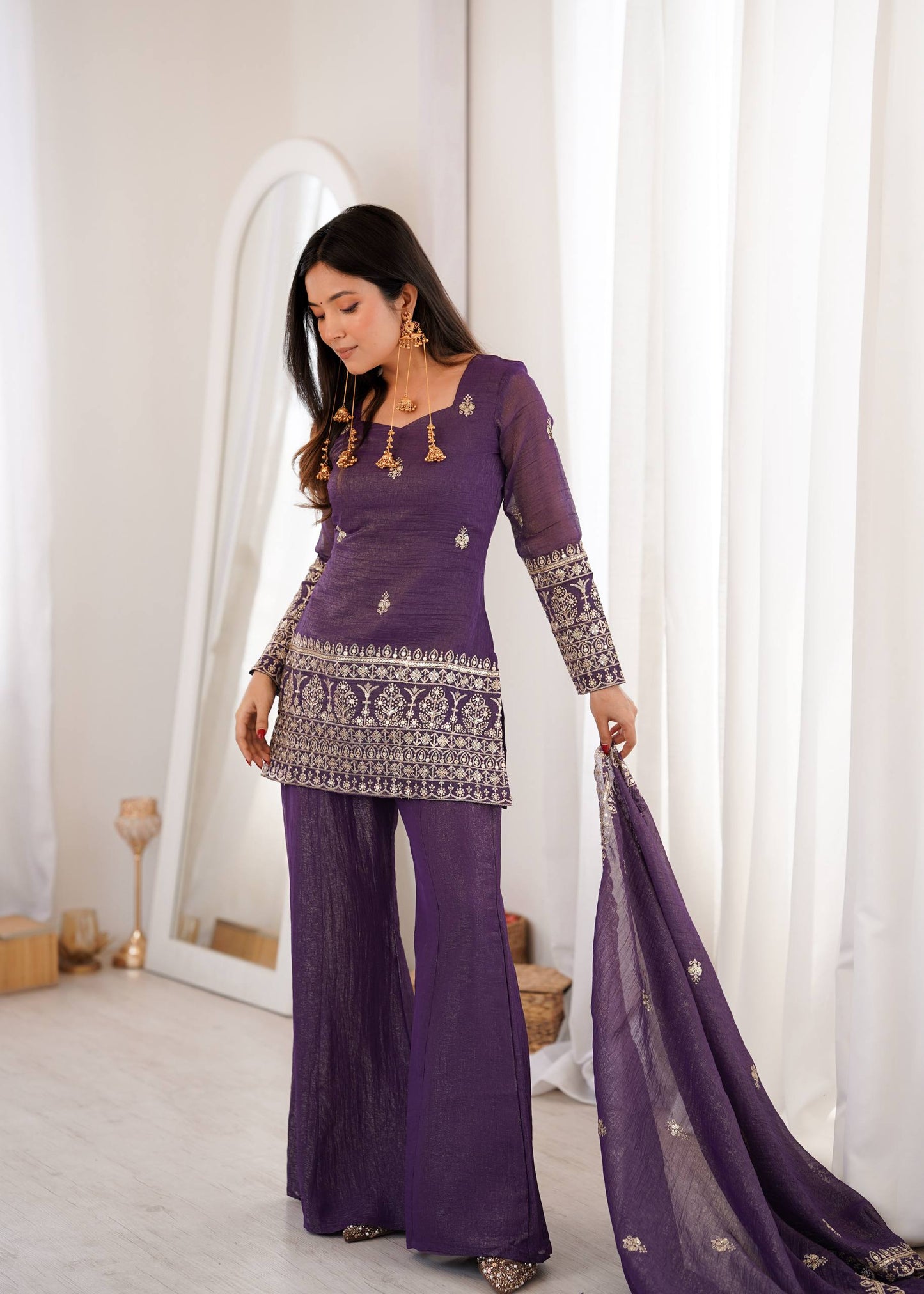 Elegant Ready-to-Wear Crunchy Silk Ensemble with Embroidered Sequences, Jari Detailing, Dupatta, and Bell-Bottom Pants