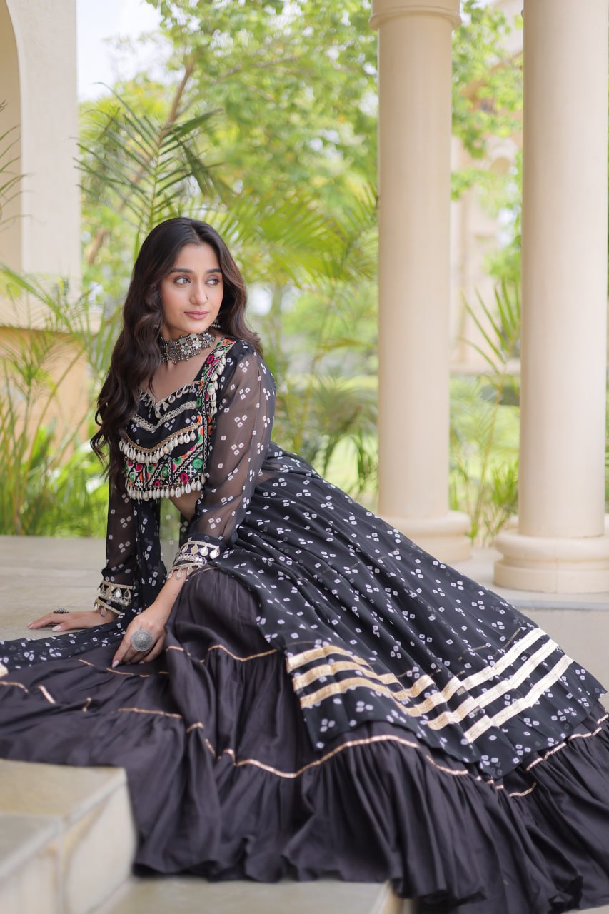 RangBhoomi Navratri 2026 Lehenga & Kurti Set – Kora Cotton Lehenga with Bandhni Faux Georgette Kurti (L, 40" Stitched)