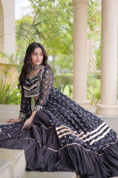 RangBhoomi Navratri 2026 Lehenga & Kurti Set – Kora Cotton Lehenga with Bandhni Faux Georgette Kurti (L, 40" Stitched)