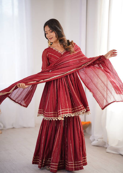 Elegant Women's Ethnic Ensemble with Real Mirror and Handwork – Ready-to-Wear Mal Chanderi Set with Sharara Palazzo and Mirror Lace Dupatta