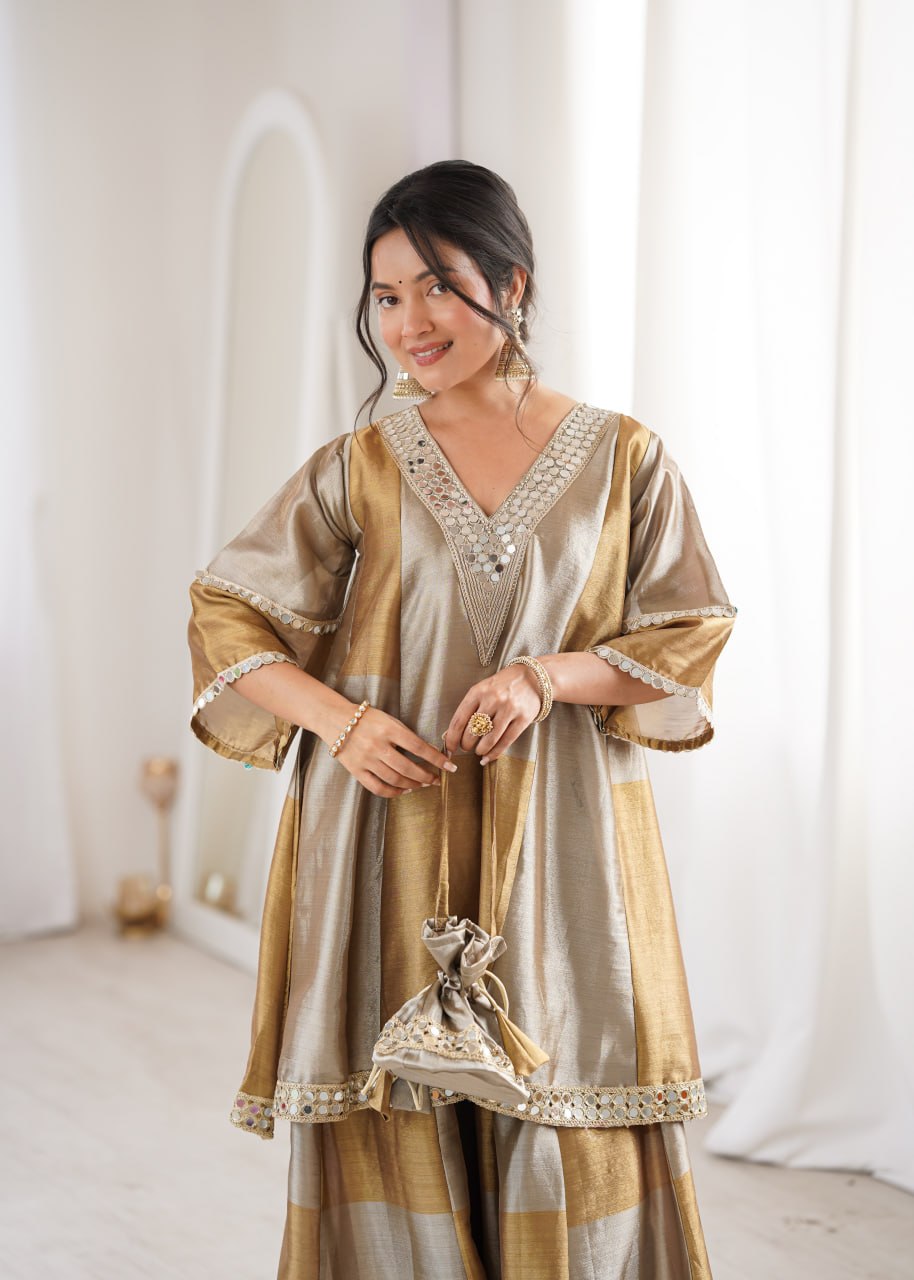 Ready-Made Two-Piece Ensemble with Batwa - Elegant Two-Tone Tissue Fabric with Embroidered and Mirror Work Lace