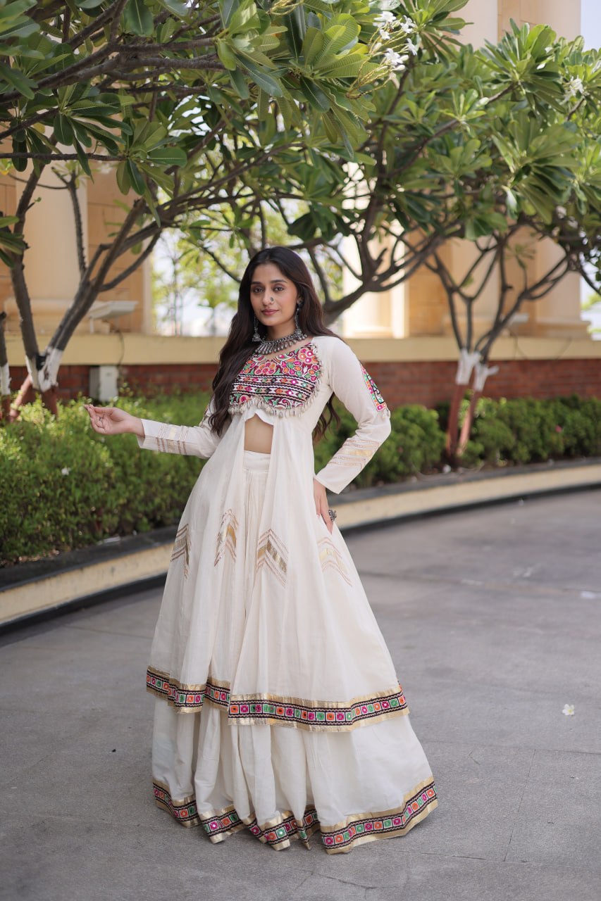 RangBhoomi Feather-Light Jacket Lehenga Set – Lotus Handwork, Long Jacket Ready-to-Wear