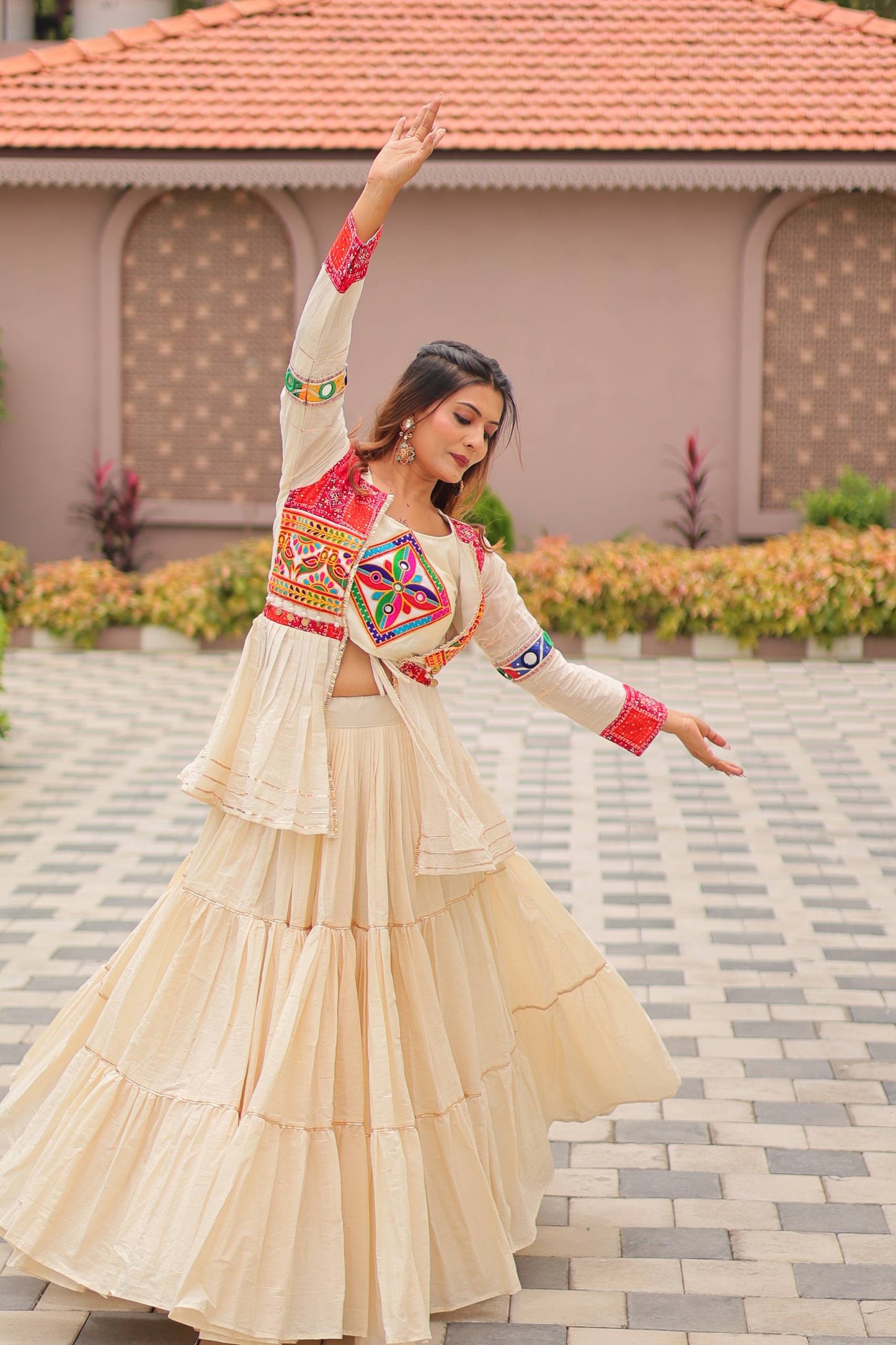 Navratri Special Gamthi Embroidery Lehenga Choli with Mirror and Ribbon Lace – Pure Cotton, Fully Stitched, 9 Meter Flair