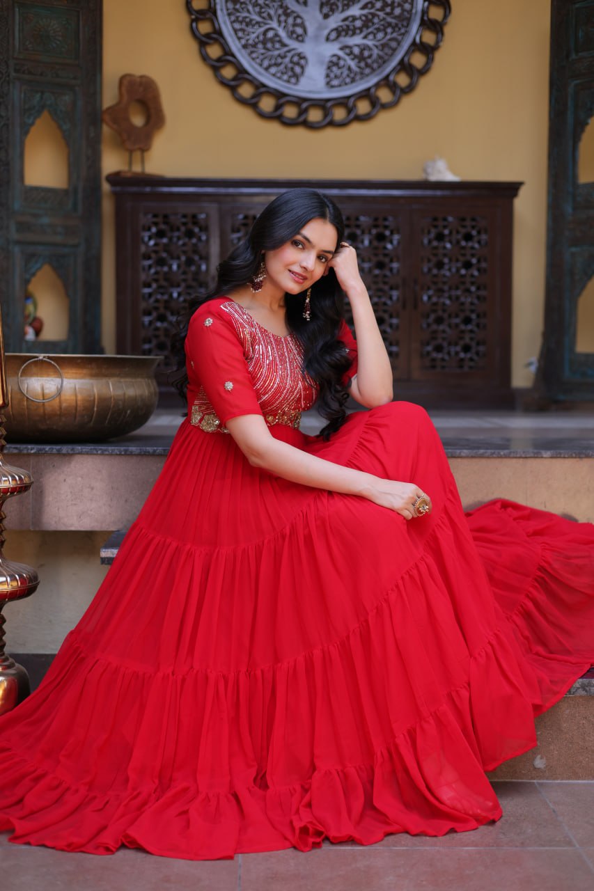 RangBhoomi Premium Designer Ready-to-Wear Gown Collection in Red and Pink