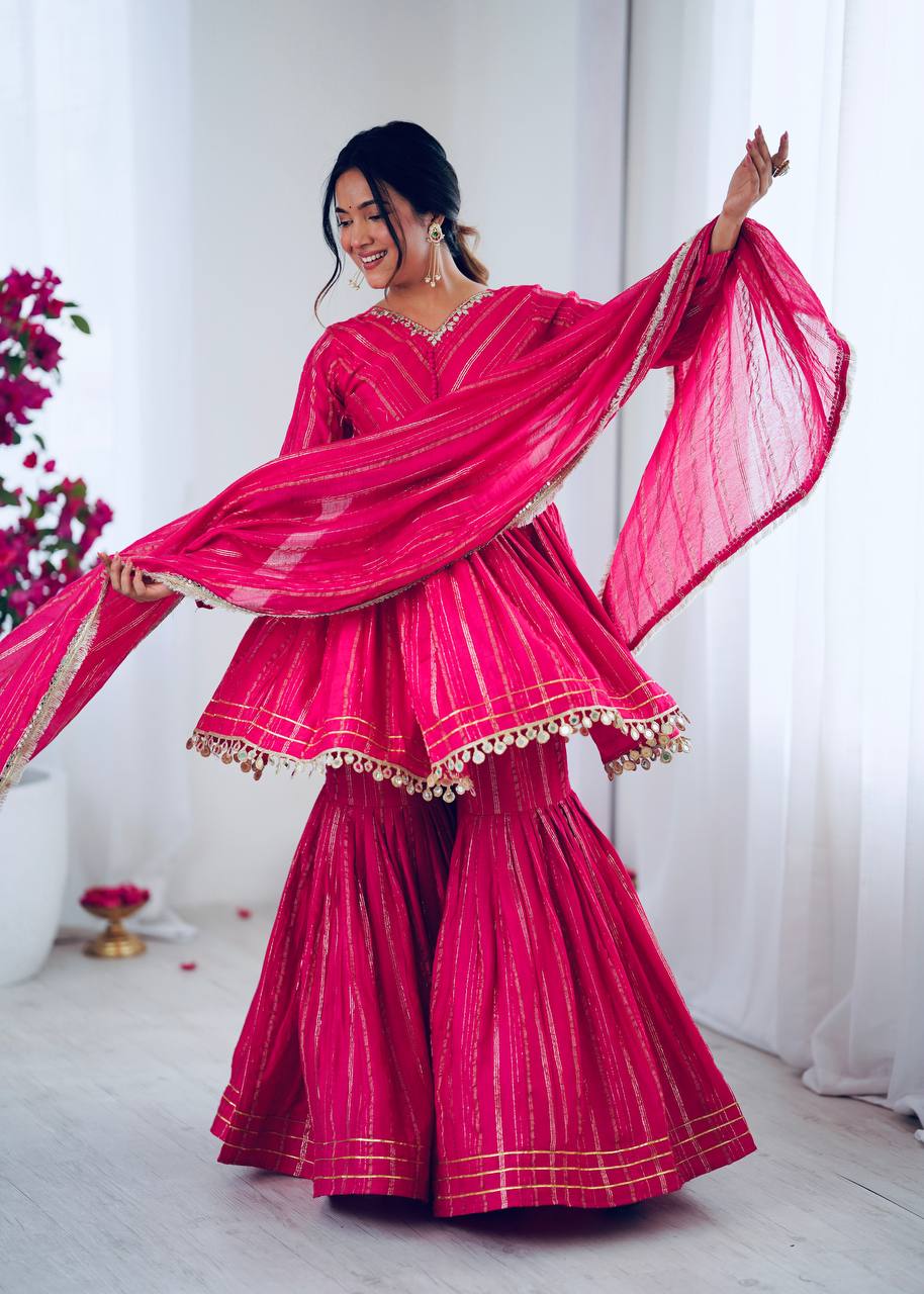 Elegant Women's Ethnic Ensemble with Real Mirror and Handwork – Ready-to-Wear Mal Chanderi Set with Sharara Palazzo and Mirror Lace Dupatta