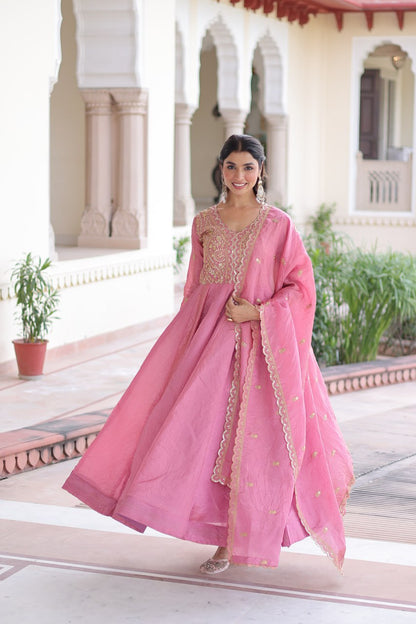 RangBhoomi Premium Ready-Made Gown and Dupatta Set with Elegant Gold Embroidery