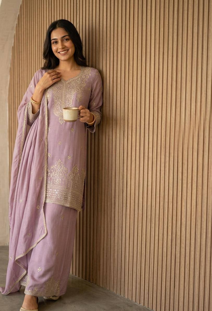 RangBhoomi Designer Wear Festival Special Collection - Elegant Zazu Silk Embroidered Ensemble with Palazzo and Dupatta
