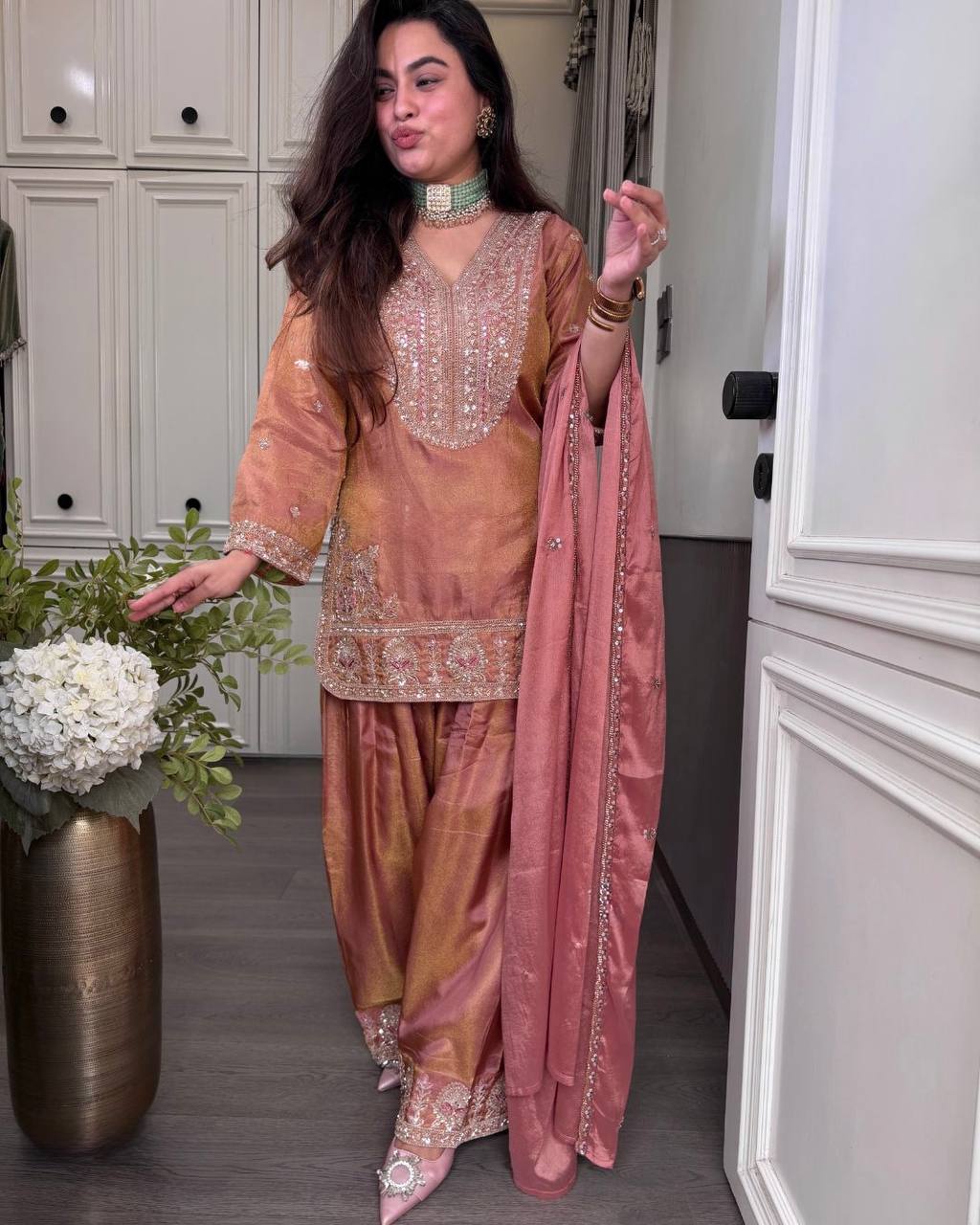 RangBhoomi Designer Ronald Silk Heavy Embroidery Sequence Work Top-Bottom and Dupatta Set — Fully Stitched Ready to Wear