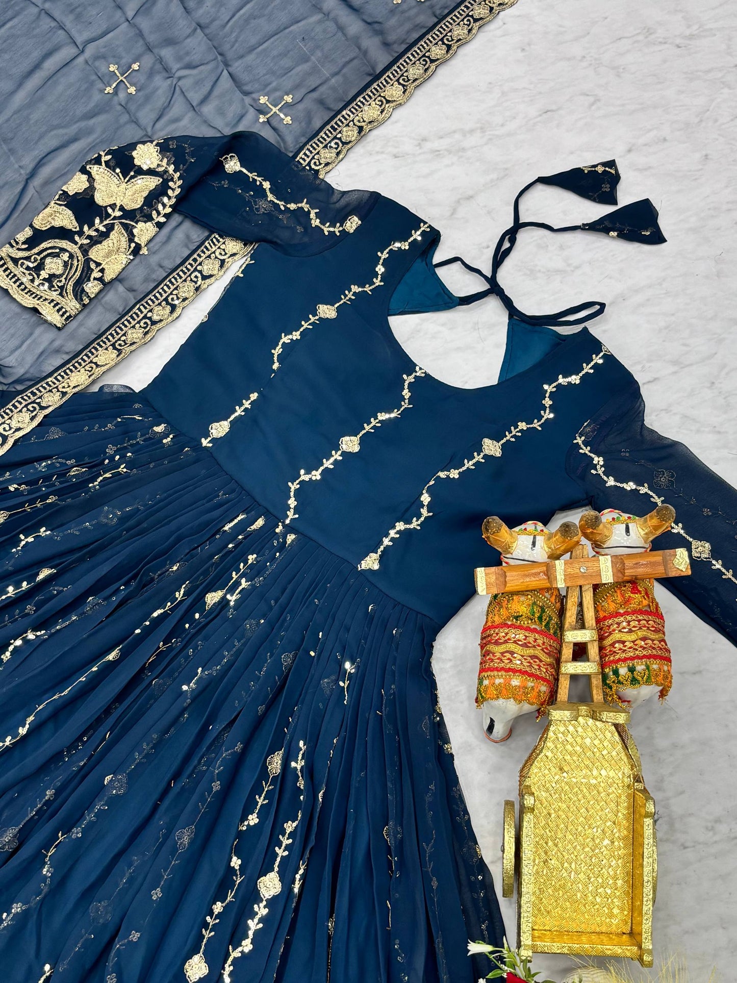 RangBhoomi Festival Long Gown with Matching Dupatta – Elegant Fox Georgette Ensemble with Heavy Sequin Embroidery