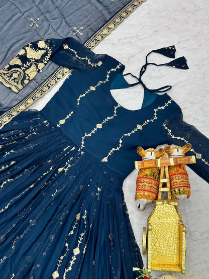 RangBhoomi Festival Long Gown with Matching Dupatta – Elegant Fox Georgette Ensemble with Heavy Sequin Embroidery