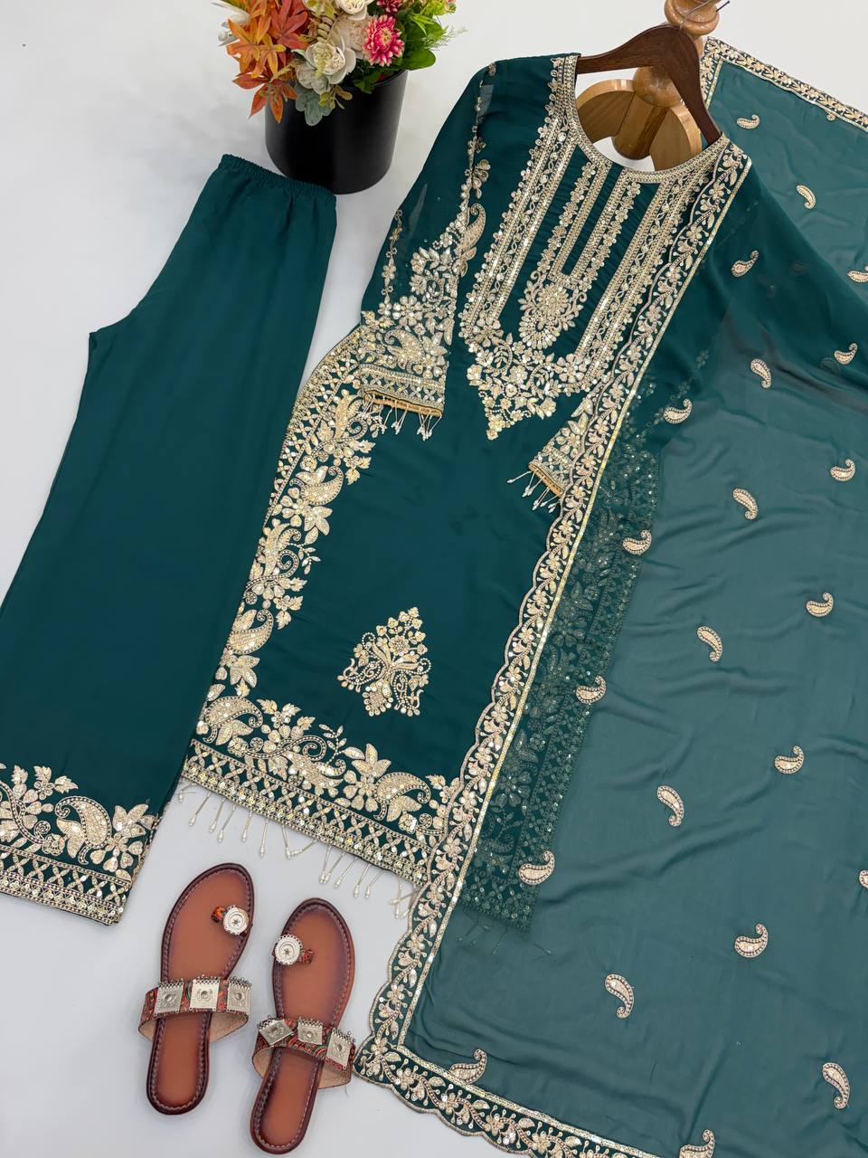 RangBhoomi Faux Georgette Heavy Embroidery Sequins Top-Bottom with Dupatta — Fully Stitched Set