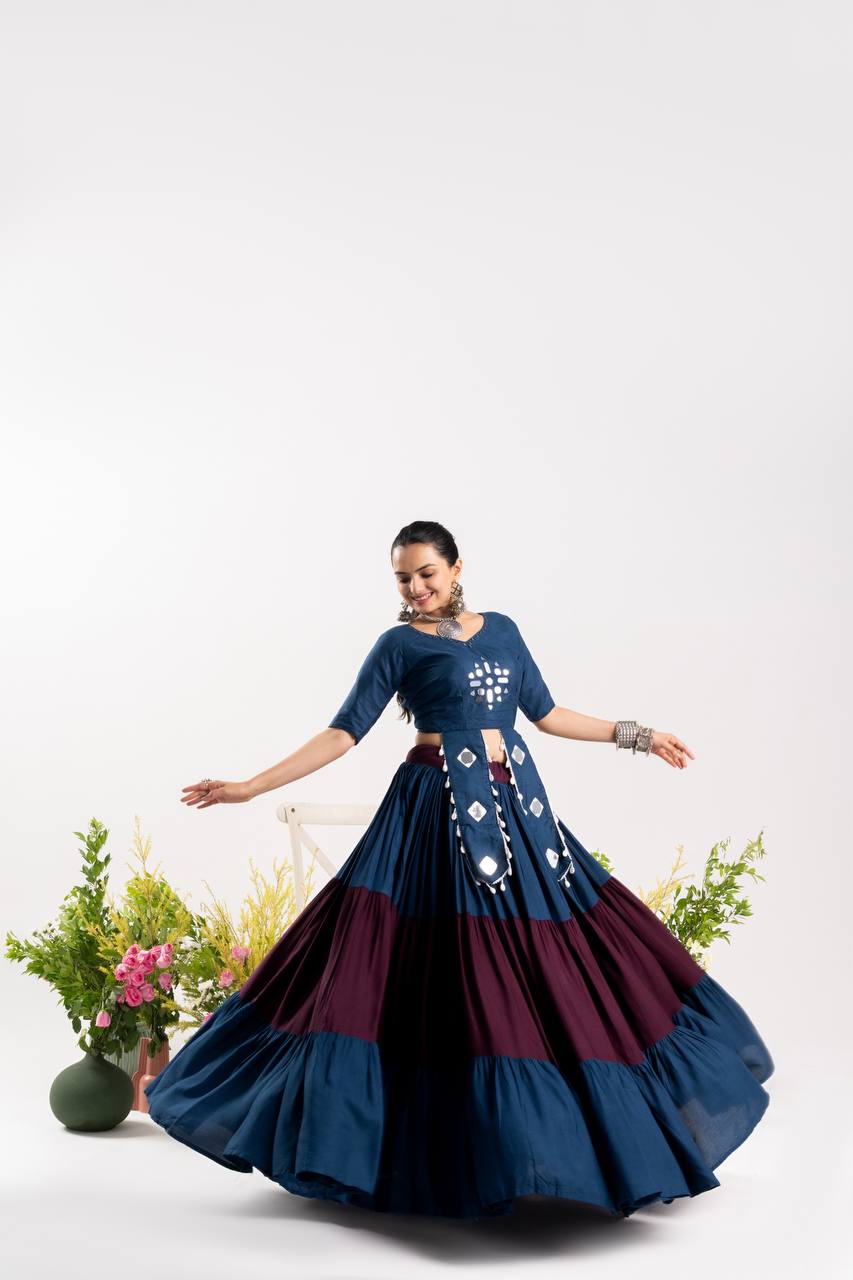 RangBhoomi Stunning Navratri Lehenga Choli with Real Mirror Work - Pure Rayon Cotton, Frill Lehenga & Kodi Lace Blouse