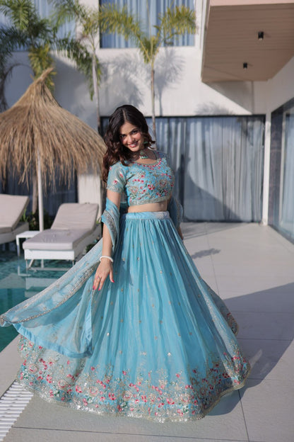 Elegant Lehenga Choli and Dupatta Ensemble in Fendi Silk with Multi-Thread Embroidery