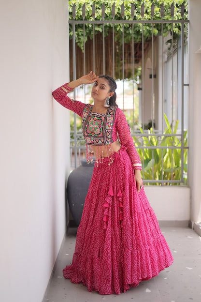 RangBhoomi Bandhni Faux Georgette Full-Stitched Lehenga Set with Designer Square Neck Blouse