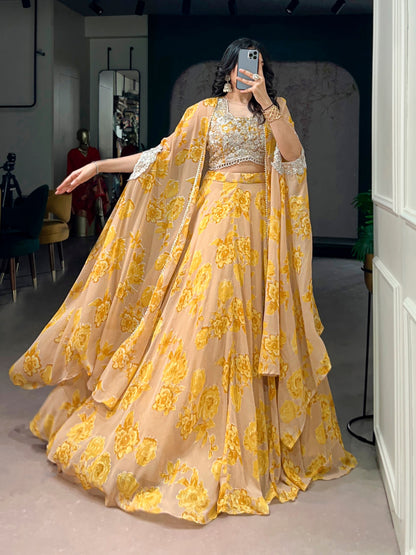 RangBhoomi Pastel Cape Style Lehenga - Ready-to-Wear Embroidered Set