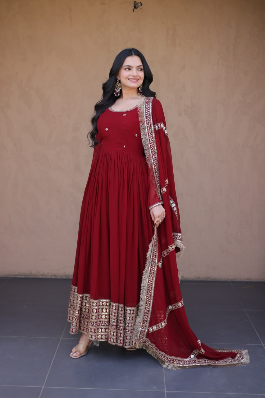 RangBhoomi Festive Faux Blooming Gown with Embroidered Dupatta - Rama & Maroon
