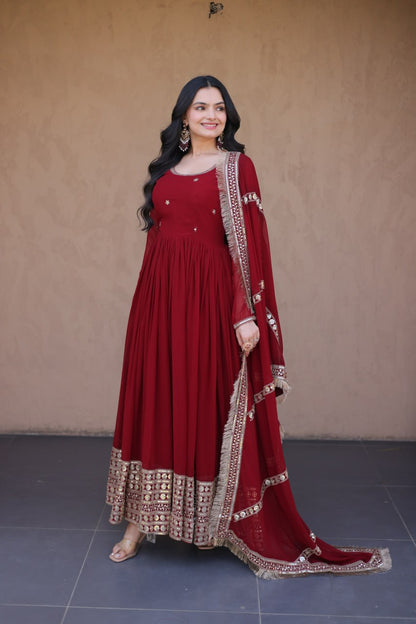 RangBhoomi Festive Faux Blooming Gown with Embroidered Dupatta - Rama & Maroon