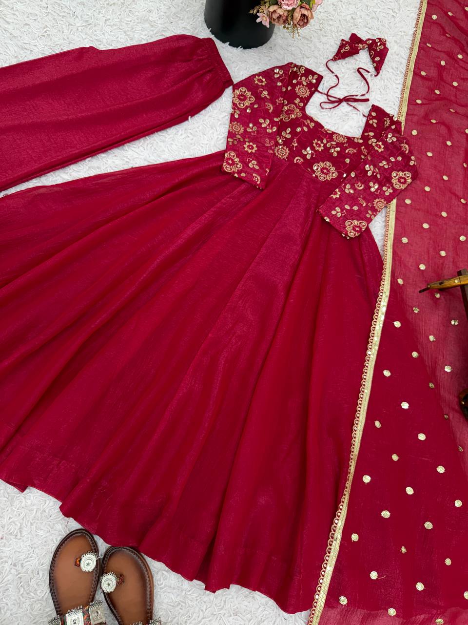 RangBhoomi Women's Elegant Ethnic Wear Set with Silk Gown, Pants, and Embroidered Dupatta