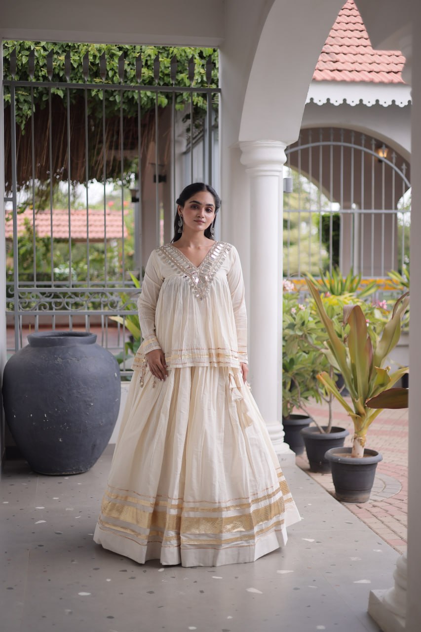 RangBhoomi Navratri Kora Cotton Full-Stitched Lehenga & Blouse Set with Mirror and Gota Work